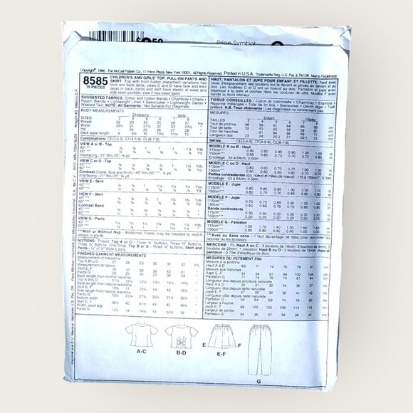 Vintage 1990s McCalls Sewing Pattern 8585 Girls Top Pants Skirt Size 6-8 Uncut - Picture 2 of 2